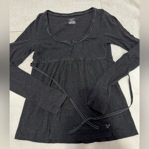 American Eagle Dark Grey Babydoll Long Sleeve Top with Embellishments